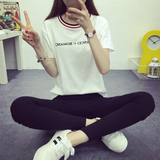 2016韩国夏装简约字母短袖T恤女学生学院风螺纹领半袖宽松上衣潮