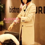 2015韩国代购新款秋冬女装中长款毛呢子外套羊绒大衣白色纯色韩版