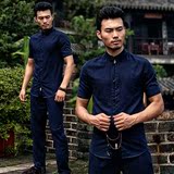 中国风修身唐装短袖套装中青年男夏季中式亚麻衬衫盘扣棉麻两件套