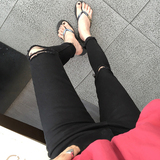 夏装新款2016韩版修身显瘦磨破洞小脚铅笔裤百搭黑色九分裤女学生
