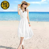 度假小姐波西米亚海边沙滩裙中长款不规则燕尾裙连衣裙白色海滩裙
