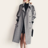 2016韩版春装新款长袖大码显瘦女装外套中长款双排扣千鸟格风衣女