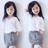 韩版儿童套装2016夏季新品女童气质小V领清新T短袖格子短裙两件套