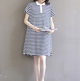 2016新款夏装韩版宽松娃娃领针织孕妇裙中长款大码条纹孕妇连衣裙
