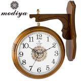 莫迪亚欧式大号双面挂钟客厅韩式时尚创意静音实木石英钟两面挂表
