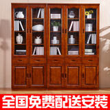 现代中式简易实木组合书柜书架全香樟木玻璃带门书橱自由书橱家具