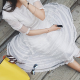 网红同款仙女裙短袖白色高腰蛋糕长裙Q160中长款蕾丝连衣裙收腰