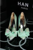 薄荷绿立体大弧度蝴蝶结变色亮片高跟尖头鞋可做喜欢颜色和高度