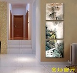 山水无框画 风景无框画 中国风客厅竖联 装饰画 卧室画 3联画墙纸
