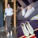 夏季新款时尚韩版帆布鞋女系带黑白双色休闲鞋舒适透气学生百搭鞋