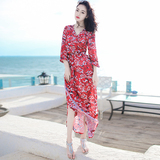 2016夏季新款波西米亚长裙中袖雪纺连衣裙大码海边旅游度假沙滩裙