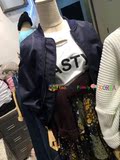 韩国东大门代购2016春季新款背部字母纯色棒球服外套深蓝色现货