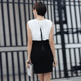 韩版修身雪纺的拼接连衣裙中裙夏大码黑色包臀一步裙职业OL气质