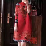 2016春季新款女装 中国风传统印花褶皱高领七分袖大码连衣裙