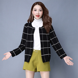 2016秋装新款韩版针织衫女开衫毛衣长袖短款格子羊毛衫外套纹百搭