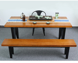 铁艺实木餐桌椅组合长方形复古桌椅美式loft办公桌W脚型餐桌餐椅
