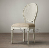 美式法式橡木实木雕花仿古白做旧实木扶手椅藤背麻布餐椅圆背椅