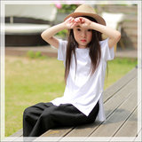 儿童打底衫女纯棉女宝宝上衣中长款白色韩版圆领女童短袖t恤夏季