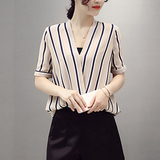 韩版女夏复古时尚休闲竖条纹气质显瘦V领短袖雪纺衬衫女衬衣套装