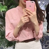 韩国棉麻文艺小立领粉色衬衫女长袖宽松口袋前短后长亚麻衬衣秋装