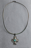 VINTAGE 古董首饰 手工锻造纯银绿松石十字架项链，项圈