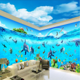 无缝大型3D立体海底世界壁画海洋儿童房墙纸主题房婴儿游泳馆壁纸