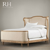 美式乡村复古双人床 法式实木雕花布艺床 原木色1.8米奢华床