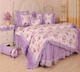 韩式全棉田园碎花公主风花边紫色床裙三四件套纯棉1.8m米床上用品