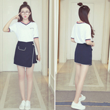 2016夏新款韩版V领短袖T恤+高腰半身裙短裙两件套时尚套装女学生