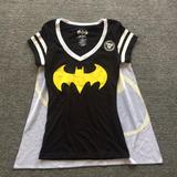 夏季外贸女装新款V领纯棉短袖修身T恤卡通超人蝙蝠侠印花带披风