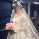 婚纱礼服新娘2016新款韩式双肩大码一字肩v领长袖缎面长拖尾夏季