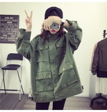 秋款女装军绿色中长款字母工装外套韩国Bf大口袋大码学生风衣上衣