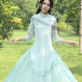 中国风女装旗袍改良手工盘扣中长款雪纺仙立领连衣裙茶人服套装裙