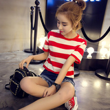 夏季新款宽松显瘦上衣打底衫韩版学生休闲红白横条纹短袖T恤女潮