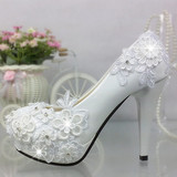 白色蕾丝花朵婚鞋公主超高跟防水台定制浅口拍婚纱照新娘伴娘女鞋