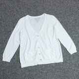 欧美外贸原单女装新款白色长袖针织衫纯棉V领开衫薄款毛衣外套特