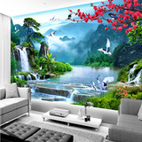 高清瀑布山水风景3D立体墙纸电视背景墙纸客厅卧室无缝壁画壁布