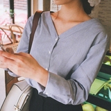 韩国官网代购cherrykoko正品英伦学院气质春款V领排扣长袖衬衫女