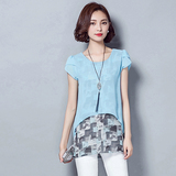 雪纺衫短袖 2016夏季新款韩版女装大码宽松圆领 中长款假两件上衣