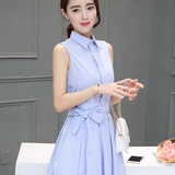 2016夏季新款韩版中长款显瘦蓝色条纹连衣裙系带无袖修身衬衫裙子