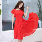 夏季女装中长款短袖大红色修身飘逸不规则雪纺连衣裙伴新娘晚礼服