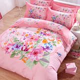 粉色四件套大花全棉床上用品纯棉床单加大花开富贵牡丹蝴蝶加厚