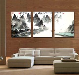 中国风国画 山水风景气壮山河装饰画墙壁画挂画 客厅三联画无框画