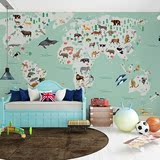 3D立体卡通可爱动物壁纸儿童房温馨背景墙纸壁画 世界地图
