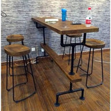 美式铁艺实木餐桌高脚凳做旧家用吧台桌复古水管吧台桌椅组合