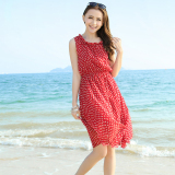 夏季雪纺连衣裙波西米亚中长款海边度假收腰显瘦波点沙滩裙无袖裙
