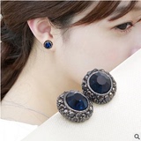 新款时尚蓝宝石耳钉女防过敏锆石气质耳环复古大牌流行耳饰品礼物
