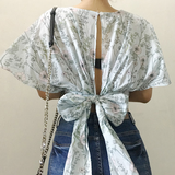 特韩国代购2016夏款性感后背镂空超大蝴蝶结系带束腰印花衬衫女。