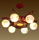 复古实木吊灯创意中式客厅木艺手绘陶瓷灯茶楼灯具卧室餐厅吊灯