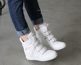 韩国代购真皮stylenanda纯白色魔术贴内增高女运动鞋休闲鞋高帮鞋